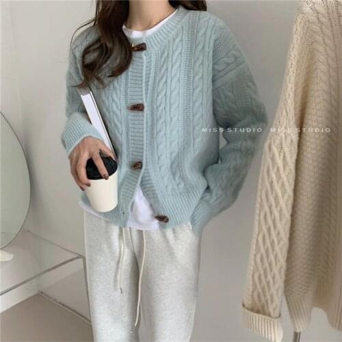 Retro Loose Button O-Neck Women Cardigan Long Sleeve Top Autumn Spring Outerwear Knit Sweater Solid Woman Cardigan Crop Tops