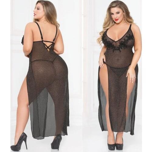Sexy Hot Sleeping Dress For Women Lace Long Lingerie Embroidery Night Dress Deep V Open Back Plus Size Fat MM Black Sleepwear