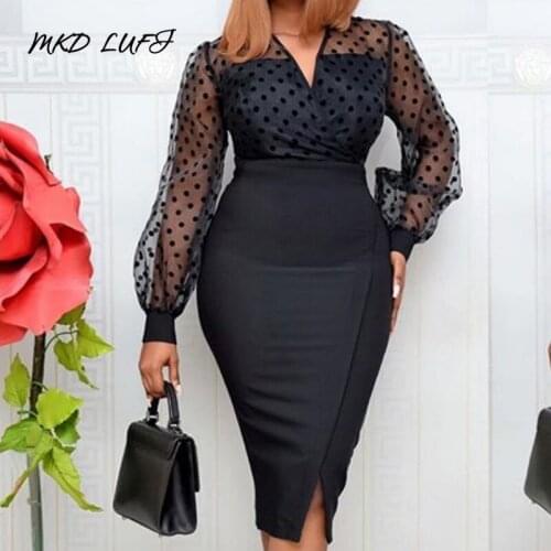 Sexy V Neck Dot Print Mesh Long Sleeve Slit Bodycon Dress Women Empire Waist Sheath Casual Midi Dress Workwear