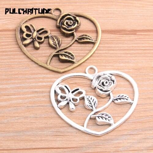 2PCS 46*52mm New Product Two Color Rose Flower Butterfly Charms Heart Pendant Jewelry Metal Alloy Jewelry Marking