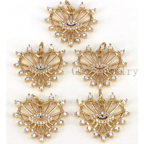 5Pcs ,CZ Crystal Vintage Red Greek Pink Eye Charm, Gold Color Heart Eye Shape Pendant,Jewelry Making