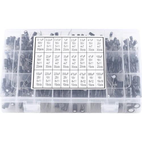 500pcs 24 Values Aluminum Electrolytic Capacitor Assorted Kit 10V~50V 0.1uF to 1000uF with storage box