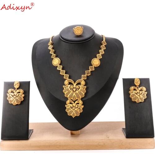 Adixyn Dubai Gold Jewelry Sets for Women Necklace/Earrings/Ring African Bridal Wedding Gifts Jewellery