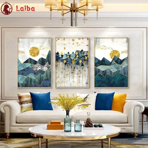 Diamond Embroidery Abstract art, golden sunrise mountains Full Square round Diamond Mosaic Painting Cross Stitch Wall Decor3pcs