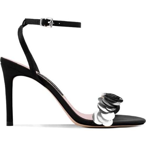 Sexy Woman Black Sliver Silk Patent Leather Sequins One Line Sandals Ladys Simple Buckle Strap 10 cm Thin Heels Party Shoes