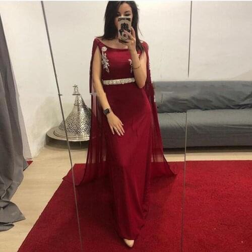 Sexy Burgundy Evening Dresses Dubai Caftan Muslim Prom Dresses Appliques Mermaid Chiffon Gold Formal Party Gowns