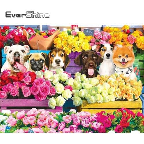 Evershine DIY Diamond Embroidery Animal Cross Stitch Dog Diamond Painting Flower Picture Of Rhinestone Mosaic Decor For Home