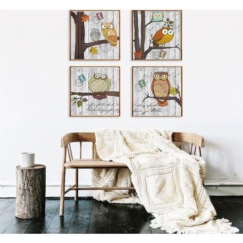 Retro Owl Canvas Painting Cartoon Animal Posters Cute Childrens Room Kindergarten Wall Art Decorative Painting Pictures Quadro