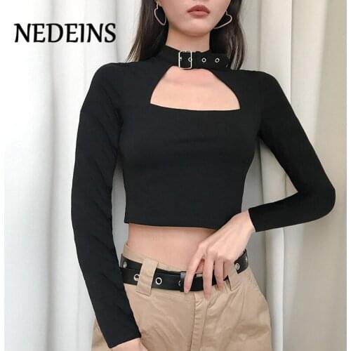 NEDEINS 2020 Women Sexy Solid Color T-shirt Black Gothic Choker Metal Buckle Short T-shirt Tops Casual Slim Fit Woman Clothes