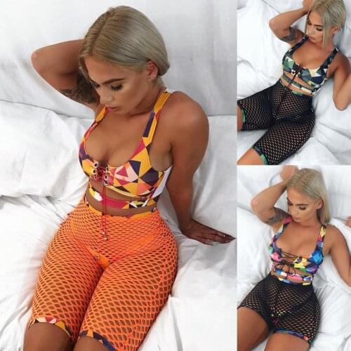 Summer New women Swimsuit bandage print bikini set fishnet shorts bathing suit push-up swimwear sexy Hollow out Beach Wear 3PCS