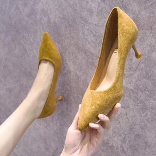 New Women Flock Black Dress Sweet Thin Heels High Heels Female Platform Classic Thick Pointed Toe Basic Shoes Ladies W32-64