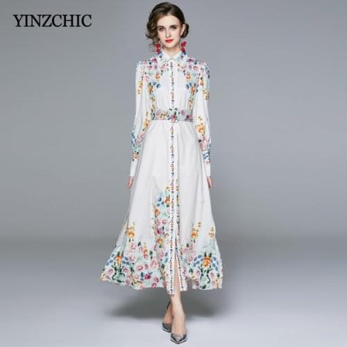 New Autumn Woman Whtie Long Dress Turn-down Collar Ladies Maxi A-line Party Skirt Floral Printed Female Casual Dress Full Sleeve