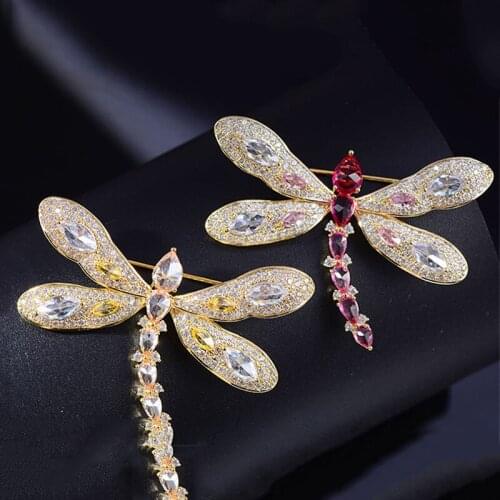 OKILY Gorgeous Insect Dragonfly Brooches Yellow and Red Zirconia Pins Badge Brooches for Women Men Jewelry Retro Hijab Pin