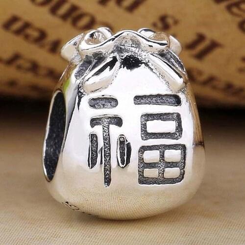 Original Chinese Characters Good Fortune Moneybag Beads Fit 925 Sterling Silver Bead Charm Bracelet Bangle DIY Jewelry