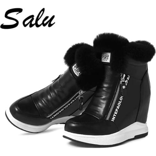 Salu Genuine Leather Winter Boots for Women Classic Natural Leather Ladies Shoes Round Toe wedges Heel Ankle Boots