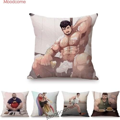 Sexy Man Hot Hunk Muscle Cartoon Character Art Cotton Linen Home Decorative Sofa Cushion Cover Gay Art Car Pillow Case