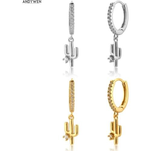 ANDYWEN 925 Sterling Silver Gold Cactus Dangle Crystal CZ Drop Earring Piercing Luxury Zircon Rock Punk European Jewelry