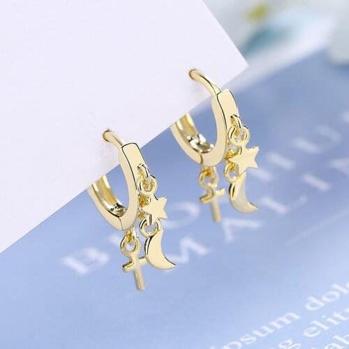 925 Silver Ear Buckle Star Moon and Cross Pendant Hoop Earrings for Women Metal Punk Earrings Fashion Rock Party Jewelry Gift