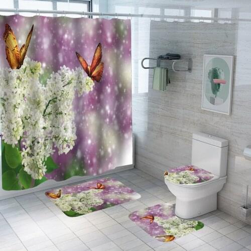 Butterfly Spring Floral Shower Curtains White Purple Flowers Butterfly Pattern Modern Rural Scenery Bathroom Curtain Decor