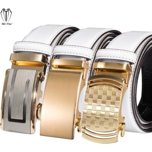 High Quality White Genuine Leather Mens Belts Gold Automatic Buckles Waistband Ratchet for Dress Jeans Casual Wedding Luxury