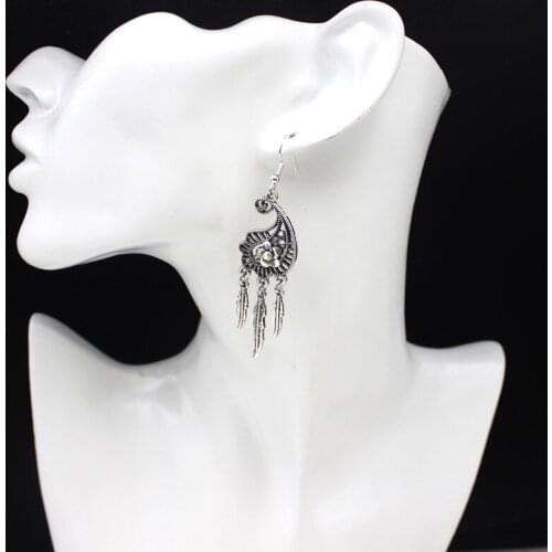 Attractive Irregular Curved Silver Earrings With Flowers And Rhinestones Pendant Hanging Long Tassel Leaves Vintage Jewelry