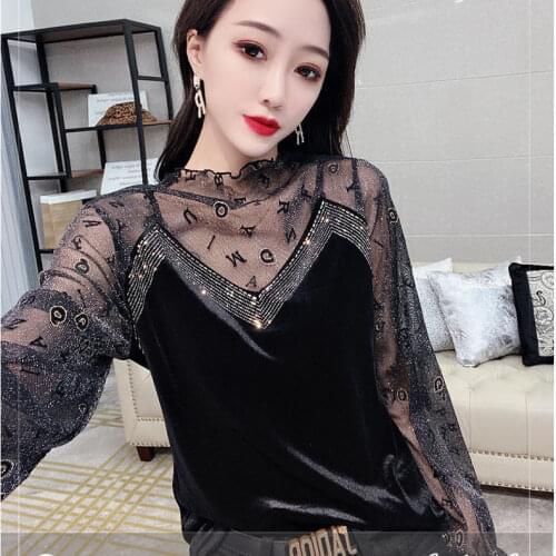 Women Blouse Lace Stitching Gold Velvet Womens Autumn Winter Generous Retro Blusas Ropa De Mujer