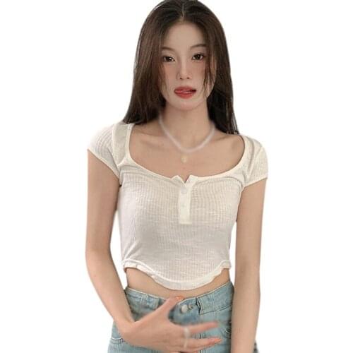 Womens Square Collar Tee Shirt Summer Irregular Casual Slim Exposed Navel Short Sleeve T Shirt Top