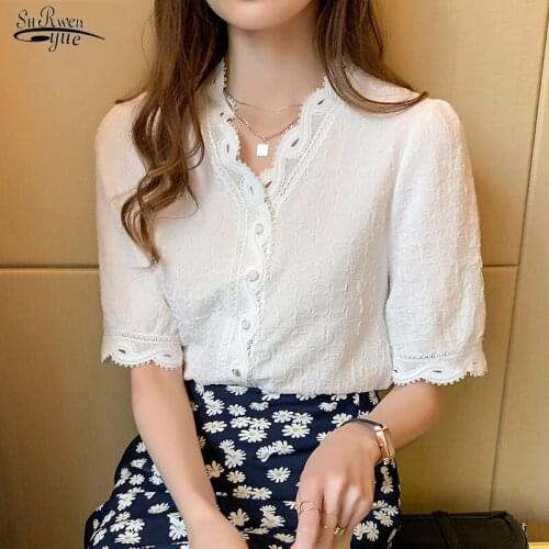 2021 Short Sleeve Puff Sleeve White V-neck Chiffon Blouse Summer Vintage Lace Blouse with Button Ladys Tops Slim Cardigan 10051
