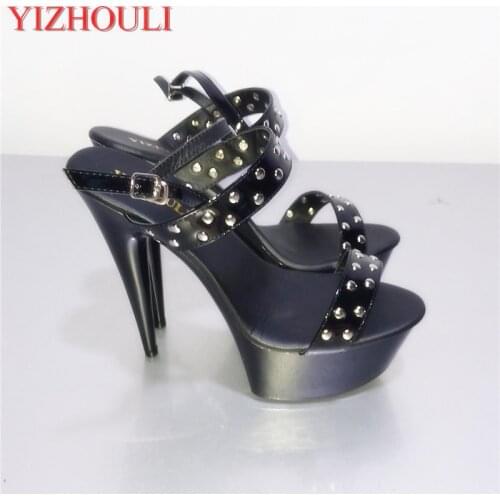 Dazzle beautiful fashion sexy double-row rivets ultra-high black sandals during stage with 15 cm temptation sandals