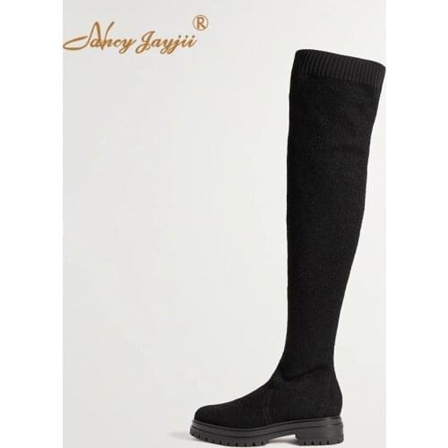 Black Stretch Fabric Sock Boots Women Custom Winter Round Toe Square Heel Knee High Booties Ladies Street Style Slip On Shoes