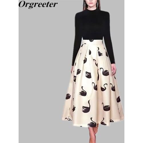 Autumn Winter New Half Turtleneck Black Knit Tops and High waist Swan Printted Pleated Ball Gown Long Skirt Two piece sets Women
