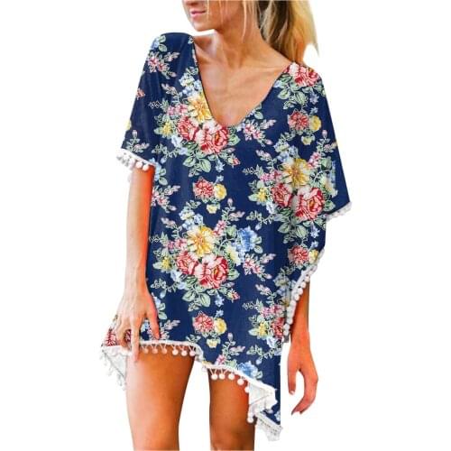 Womens Swimsuit Summer Chiffon Tassels Swimwear Beach Loose Bikini Cover Up Tops Ladies Flower Print купальники женские 2021