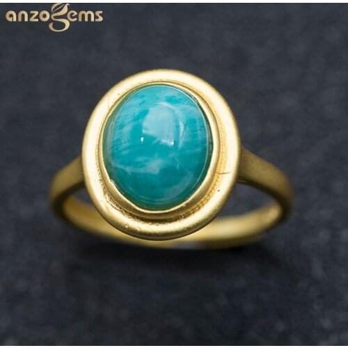 Anzogems natural Amazonite ring 925 sterling silver oval 9*7mm cabochon gemstone fine jewelry for womens simple ring 2020 new
