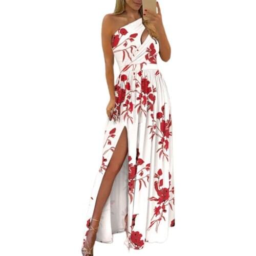 Maxi Dress Floral Print Hollow Out Women Skew Neck One Shoulder Formal Dress Female Wedding Party Vestidos