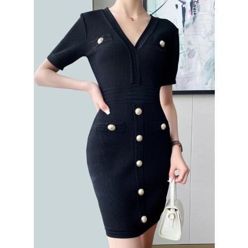 Office dresses for ladies 2021 double-breasted buttons solid color short-sleeved mid-length elegant dressV-neck knitted dress