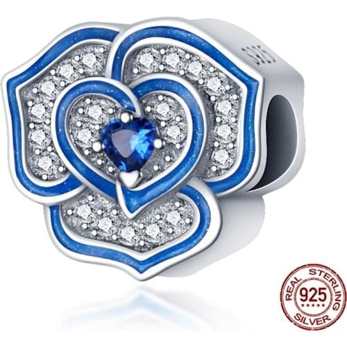 100% Real 925 Sterling Silver Blue Flower Zircon Heart Fit Original 3mm Bracelet&Bangle Making Fashion DIY Jewelry For Women