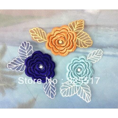 Free shipping high quality elegant water soluble embroidery 4.5*9.5cm rose applique,3 Colors embroidery lace rose,flower patches