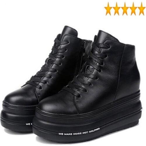Genuine Leather Platform Black Women Punk Rock Motorcycle Lace Up Chunky Ankle Boots Height Increasing Ladies Shoes 34-39