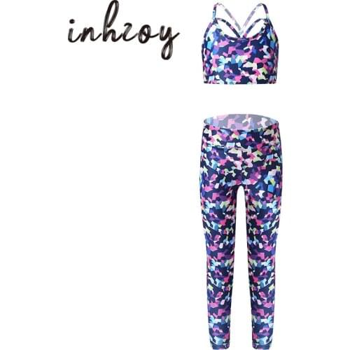 Kids Colorful Print Sports Tops with Leggings Pants Sets Children Gymnastics Fitness Tracksuit Costume Girls Ballet Dance Wear