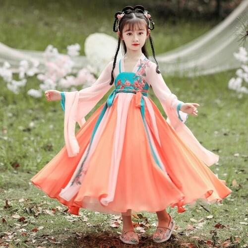 Kids Chinese Traditional Hanfu Costume New Style Girls Han Dynasty Dress Embroidery Tang Dynasty Princess Folk Dance Clothing