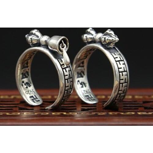 100% 925 Silver Tibetan OM Mani Padme Hum Ring Vintage Pure Silver Tibetan Dorje Bell Ring Buddhist Vajra Symbol GOOD Luck