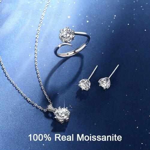 3Pc Set Diamond Snowflake Pendant Necklace Stud Earrings Ring 1ct D Color Moissanite Sterling Silver Women Bridal Jewelry Sets