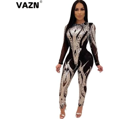 VAZN New Plus Size High-end Flaring Sequined Sexy Club Mature Fashion Full Sleeve High Waist Women Long Pencil Jumpsuits