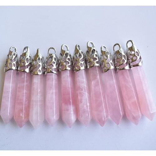 Wholesale 10pcs/lot 2020 Fashion good quality natural pink quartz Hexagonal pillar charms pendants 12x50mm for jewelry making