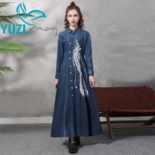 Dress For Women 2021 Yuzi.may Boho New Denim Woman Dresses Turn-down Collar Single Breasted Vintage Embroidery Vestidos A82358