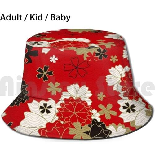 Red Floral Sun Hat Foldable UV Protection Black White Red Gold Pattern Flowers Cherry Blossums Japanese Asian Design