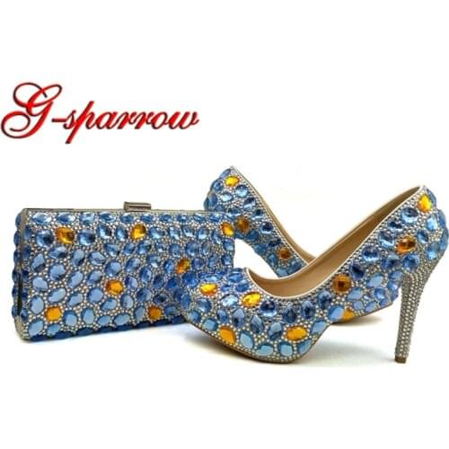 Blue Wedding Party Shoes Rhinestone Bridal Shoes with Clutch Anniversary Ceremony Shoes Cinderella Prom Pumps with Matching Bag