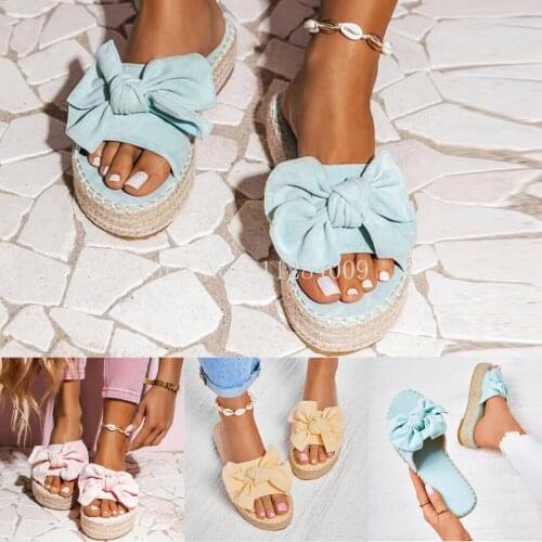 Slippers Women Slides Summer Bow Summer Sandals Weave Slipper Indoor Outdoor Linen Flip-flops Beach Shoes Platform Slipper 2021