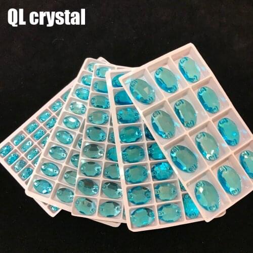 ALL Size Lake Blue Oval Sew On Crystal Rhinestones Flatback with 2 holes for Making wedding dress bags shoes accessories