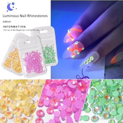 1 pack Luminous Nail Rhinestones Set Mixed Size SS6-20 Fluorescent Drill Nail Flat Back 3D Nail Rhinestone Decorations